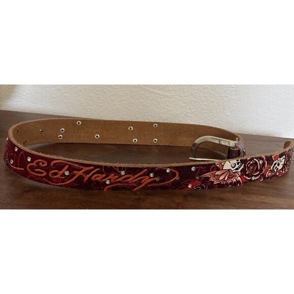 Vintage Ed Hardy Love Kills Slowly Belt Skulls Roses Rhinestones Y2K Size 29”